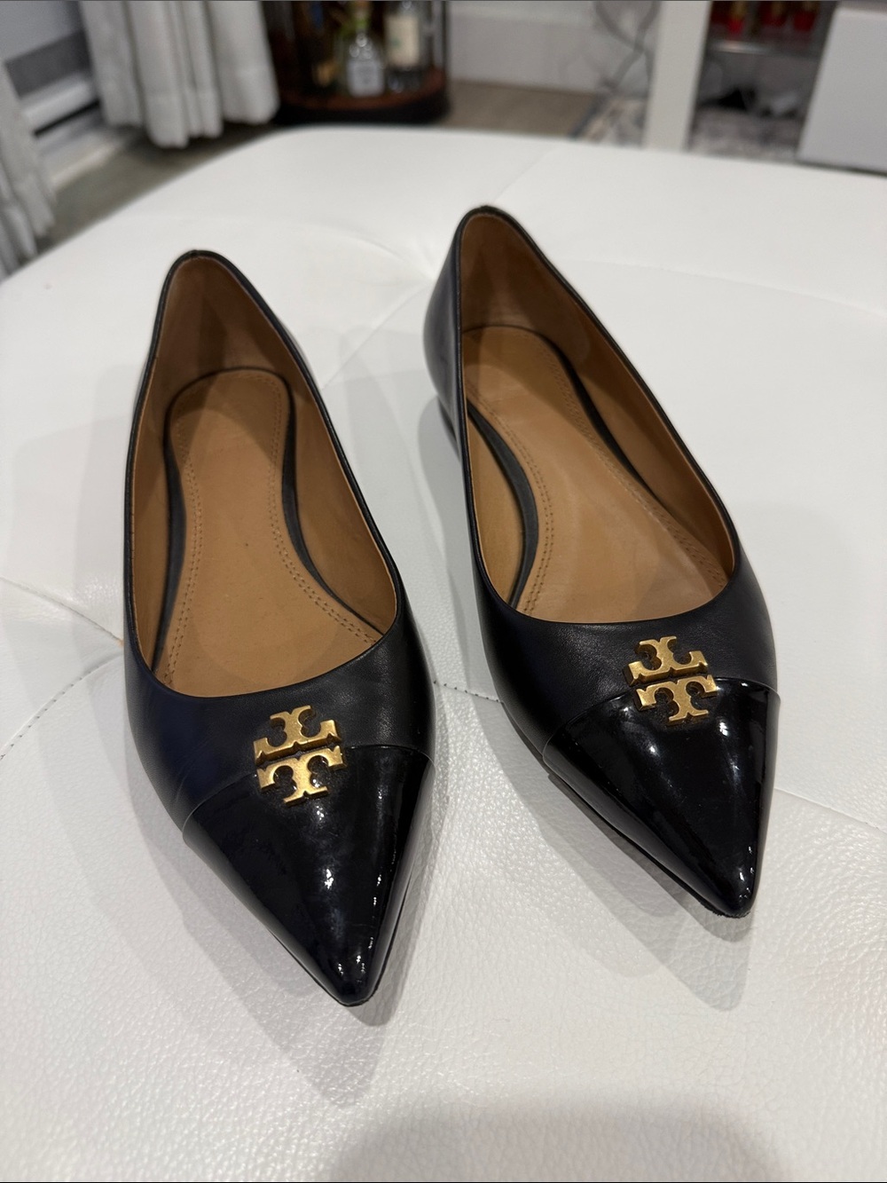 Tory Burch Black Pointed-Toe Logo Flats with Patent Cap